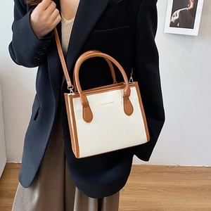 Minimalist bicolor tote bag in cream and brown pebbled leather with gold hardware
