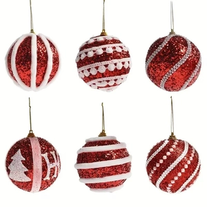 Red Christmas tree ornaments set of 6 with white fur trim and glitter finish