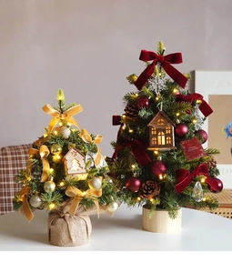 Mini PE Christmas trees with LED lights, velvet bows and rustic wood house ornaments