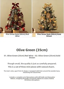 Mini PE artificial Christmas tree set with LED lights and natural wood base in red and gold