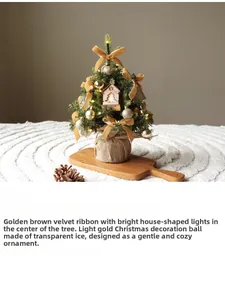 Mini PE Christmas tree with warm LED lights, gold ornaments and rustic burlap base
