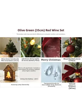 Mini olive green Christmas tree kit with LED lights, red ornaments, and velvet ribbon