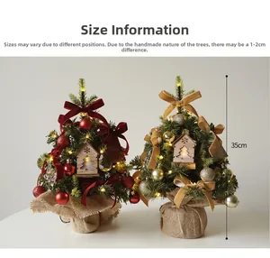 Detailed 35cm mini Christmas trees with LED lights, festive ornaments and burlap base