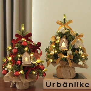 Mini artificial Christmas tree set with burlap base and LED lights in red and gold styles