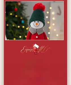 Detail of a Christmas snowman plush doll with a green knit hat and red jacket
