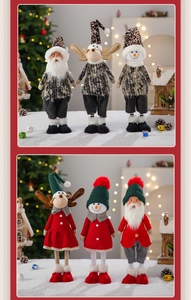Detail of plush Christmas figurines with red, green, and gray textures for festive decor