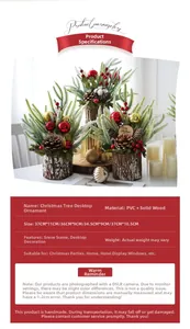 Detailed view of three mini PVC Christmas trees with wooden bases and festive ornaments