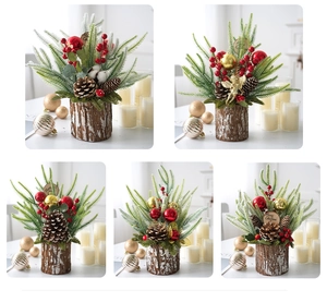 Close-up of mini Christmas trees in wooden pots with pine cones and berries