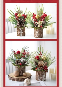 Detailed view of mini Christmas tree arrangements with pine cones and wooden base