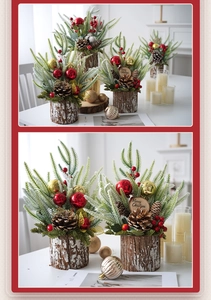 Mini Christmas tree in wooden pot with pine cones and red berries on a festive table