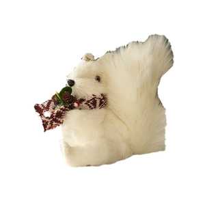 Winter plush white squirrel ornament with red knit scarf and pine cones for Christmas decor