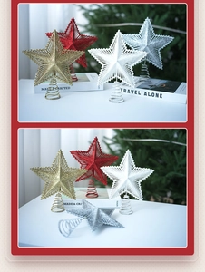 Close-up of glittery Christmas tree star toppers in gold, red, silver, and white finishes