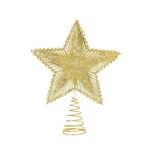 Golden Christmas tree topper star with glitter hollow design and spiral base support