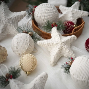 Handmade White Cotton Macrame Christmas Tree Hanging Ornaments Star Ball With Pine Cones Berries Rustic Xmas Home Decor