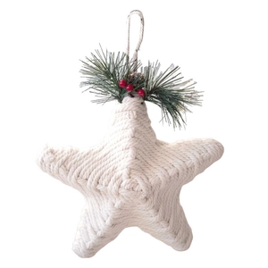 White woven star Christmas ornament with pine cones, red berries and cotton rope