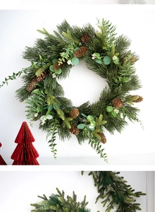 Close-up of artificial pine needles, eucalyptus leaves and natural pine cones on Xmas wreath