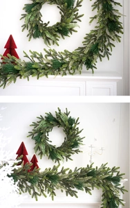 Detailed view of realistic PE pine needles and fern leaves on Christmas garland decor