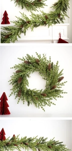 Detail of lifelike PE Christmas wreath and garland featuring natural pine cones