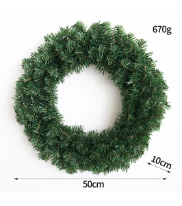 Green PVC Christmas wreath detail with 50cm diameter and 10cm thickness measurements