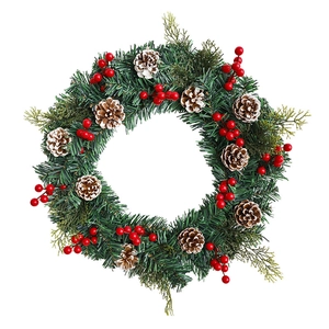 Couronne de Noël artificielle avec aiguilles de pin, pommes de pin et baies rouges