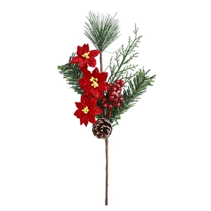 Branche de sapin artificielle avec poinsettias rouges et baies scintillantes décoration