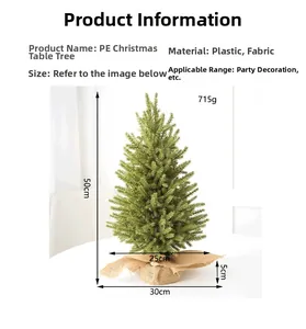 Close-up of 50cm green PE flocked Christmas tree with detailed dimensions and burlap base