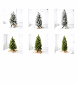 Mini PE flocked Christmas trees in three sizes with natural burlap wrapped bases