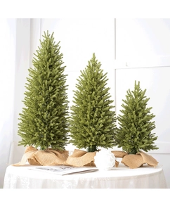 Three-piece set of mini green PE Christmas trees with burlap-wrapped bases for tabletop decor