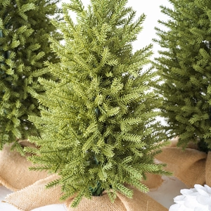 Mini PE flocked green Christmas trees with burlap bases for elegant tabletop decor