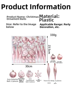 Detailed size chart for pink Christmas ornaments set including balls, snowflakes and icicles