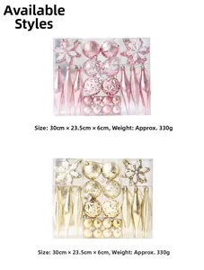 Detail of assorted pink Christmas tree ornaments including snowflakes and drop pendants