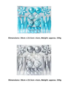 Detail of Christmas tree ornaments set with blue and silver plated festive baubles