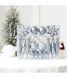 Detailed set of silver Christmas ornaments including snowflakes and icicles in a gift box