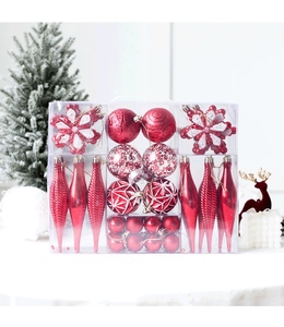 Detailed set of red Christmas ball ornaments in various shapes with glitter and textures