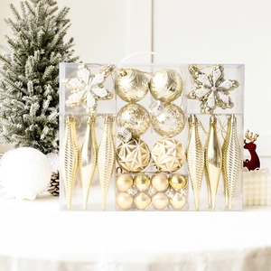 Golden Christmas tree ornaments set including snowflake and faceted balls in a clear box