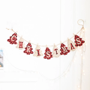 Banderole de Noël en toile de jute avec sapins à carreaux rouges et lettres festives