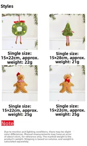 Detailed plush Christmas gingerbread man and tree ornaments with dimensions shown