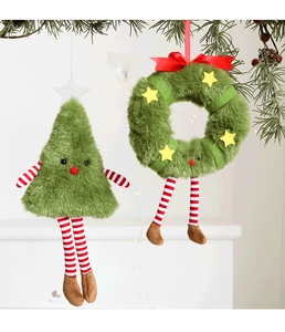 Plush Christmas tree and wreath hanging ornaments with red striped long legs