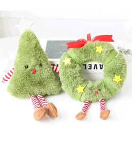 Detailed plush Christmas tree and wreath ornaments with striped legs and cute facial features