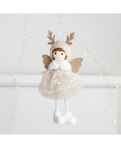Detail of plush angel hanging ornament with sequined mesh skirt and golden reindeer antlers