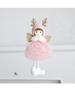 Detail view of pink Christmas angel ornament with golden antlers and sequined mesh skirt