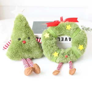 Christmas plush ornaments set featuring green tree and wreath with striped long legs