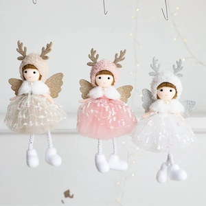 Christmas Angel Doll Pendant Plush Sequin Mesh Skirt Glitter Wings Antlers Hanging Ornament Holiday Tree Decor