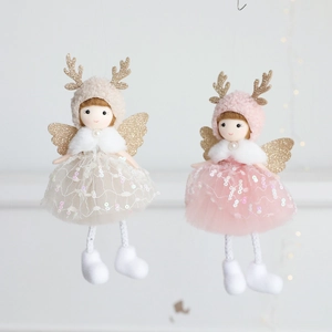 Christmas angel hanging ornaments with sequin mesh skirts and golden antlers
