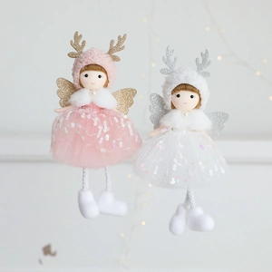 Pink and white angel doll ornaments with deer antlers and sequin mesh skirts