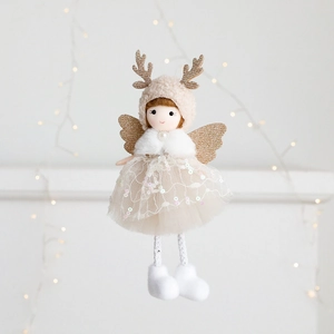 Plush Christmas angel doll ornament with sparkling sequin mesh dress and golden wings