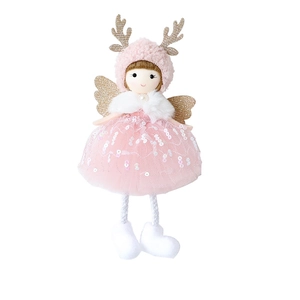 Pink Christmas angel plush doll with sequin mesh dress and gold wings hanging ornament