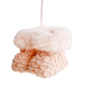 Pink plush baby boots for Christmas tree decoration featuring knit texture and fur trim