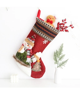 Detail of Christmas stocking featuring 3D snowman, gingerbread man and rustic tree patches