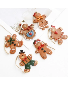 Details von 6 handbemalten Lebkuchenmann-Anhängern als Weihnachtsbaumschmuck aus Harz